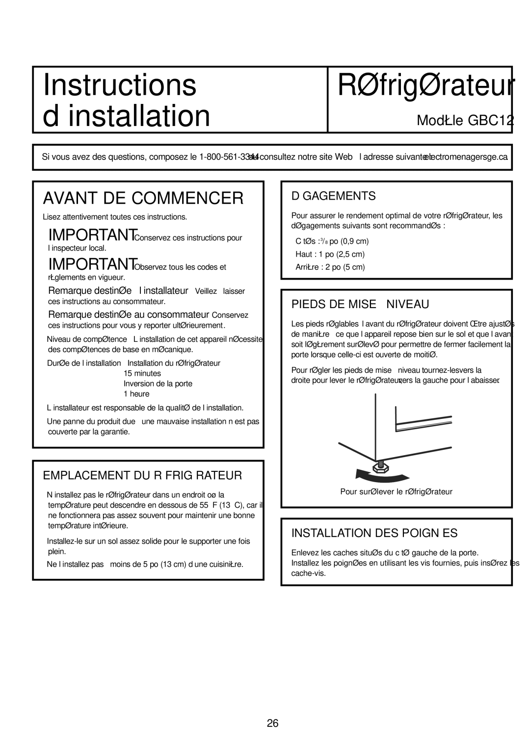 GE owner manual Réfrigérateur, Modèle GBC12 