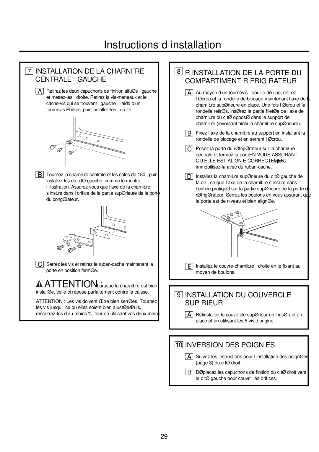 GE GBC12 owner manual Installation DU Couvercle Supérieur 