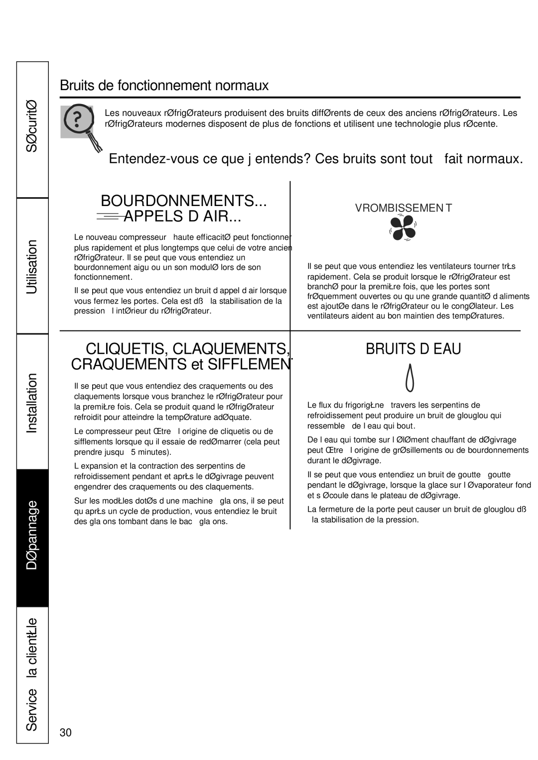 GE GBC12 owner manual Bruits de fonctionnement normaux, Sécurité Utilisation Installation 