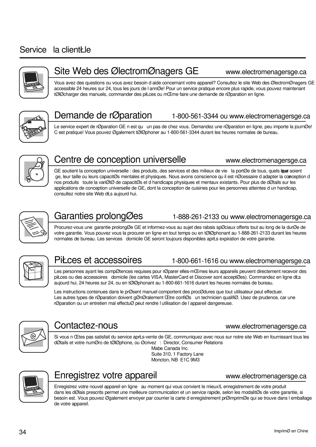 GE GBC12 owner manual Site Web des électroménagers GE, Service à la clientèle 