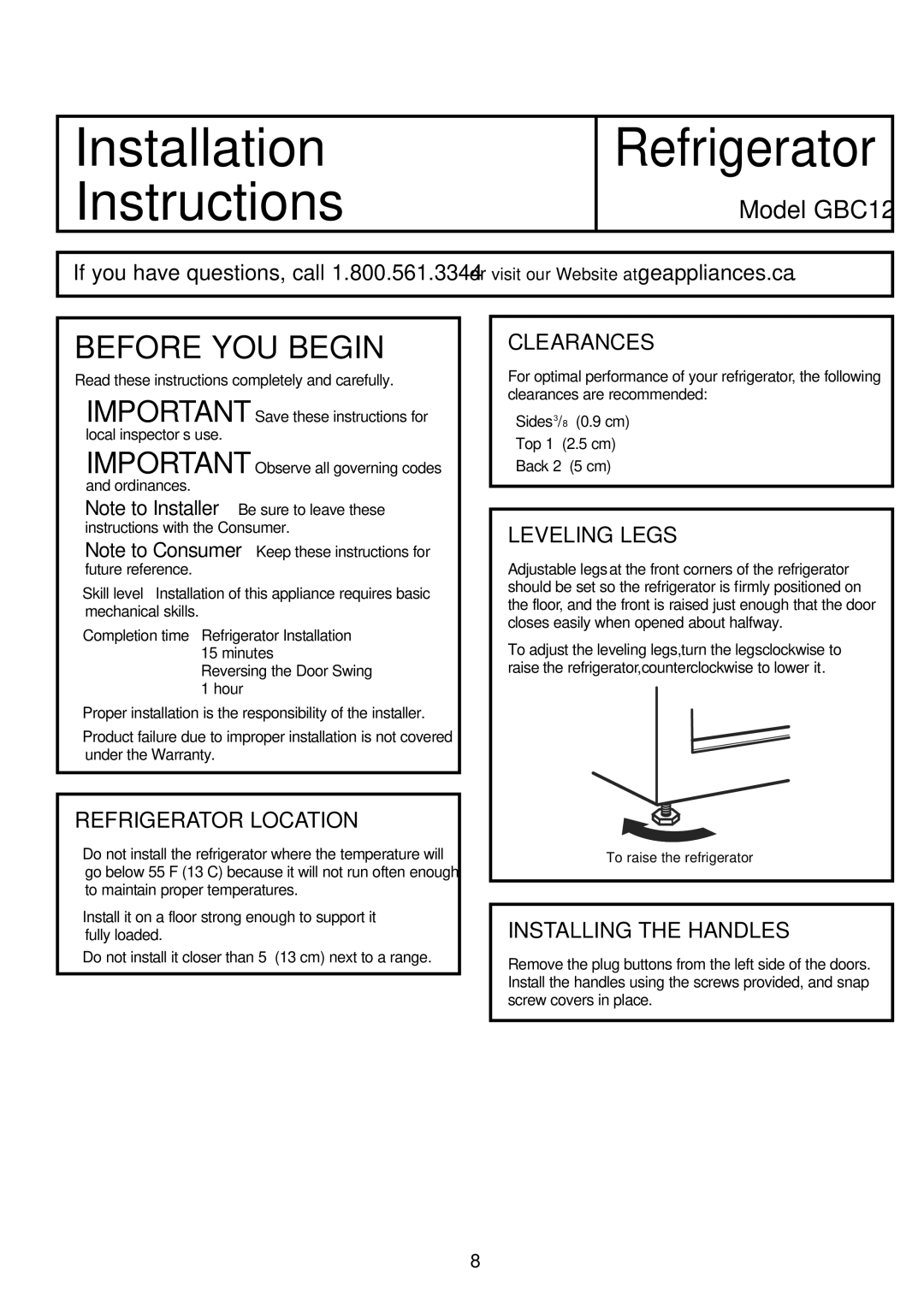 GE owner manual Refrigerator, Model GBC12 