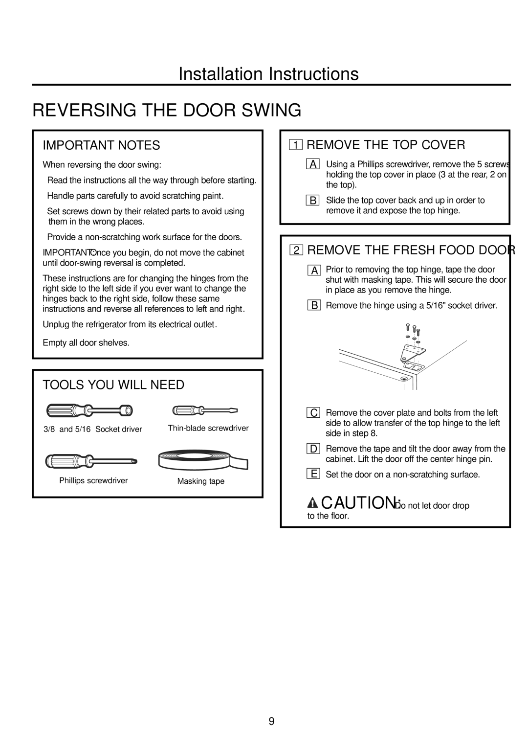 GE GBC12 owner manual Reversing the Door Swing 