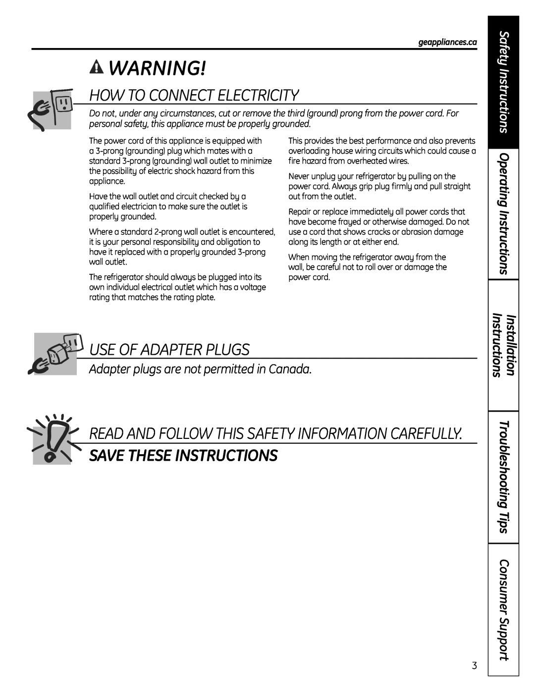 GE GBC12 How To Connect Electricity, Use Of Adapter Plugs, Save These Instructions, Troubleshooting Tips Consumer Support 