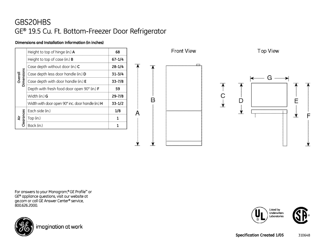 GE GBS20HBS dimensions GE 19.5 Cu. Ft. Bottom-FreezerDoor Refrigerator 