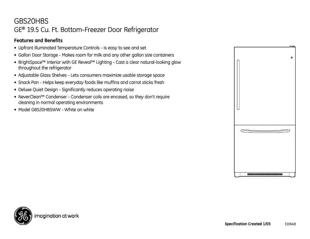 GE GBS20HBS dimensions GE 19.5 Cu. Ft. Bottom-FreezerDoor Refrigerator, Features and Benefits 