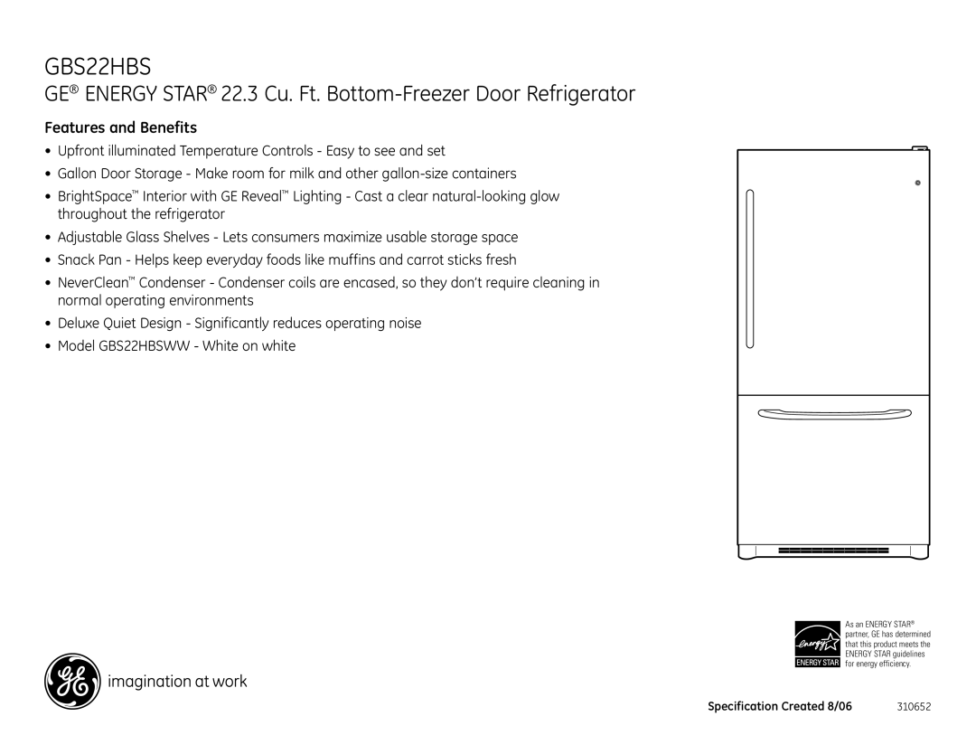 GE GBS22HBS dimensions Features and Benefits 