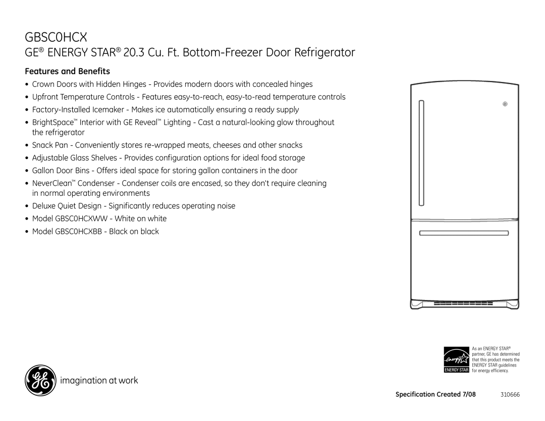 GE GBSC0HCX dimensions Features and Benefits 