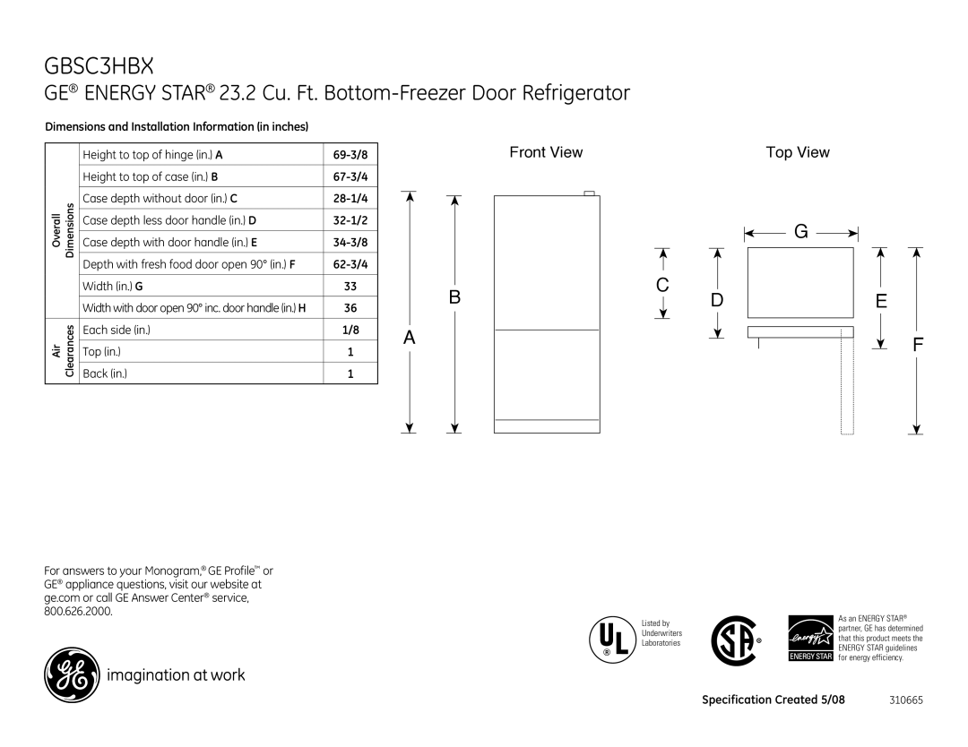 GE GBSC3HBX dimensions Front View Top View 