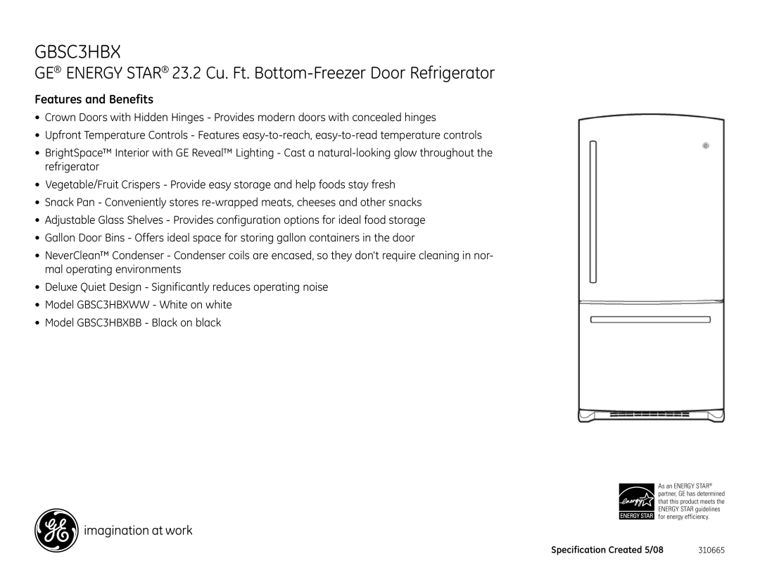 GE GBSC3HBX dimensions Features and Benefits 