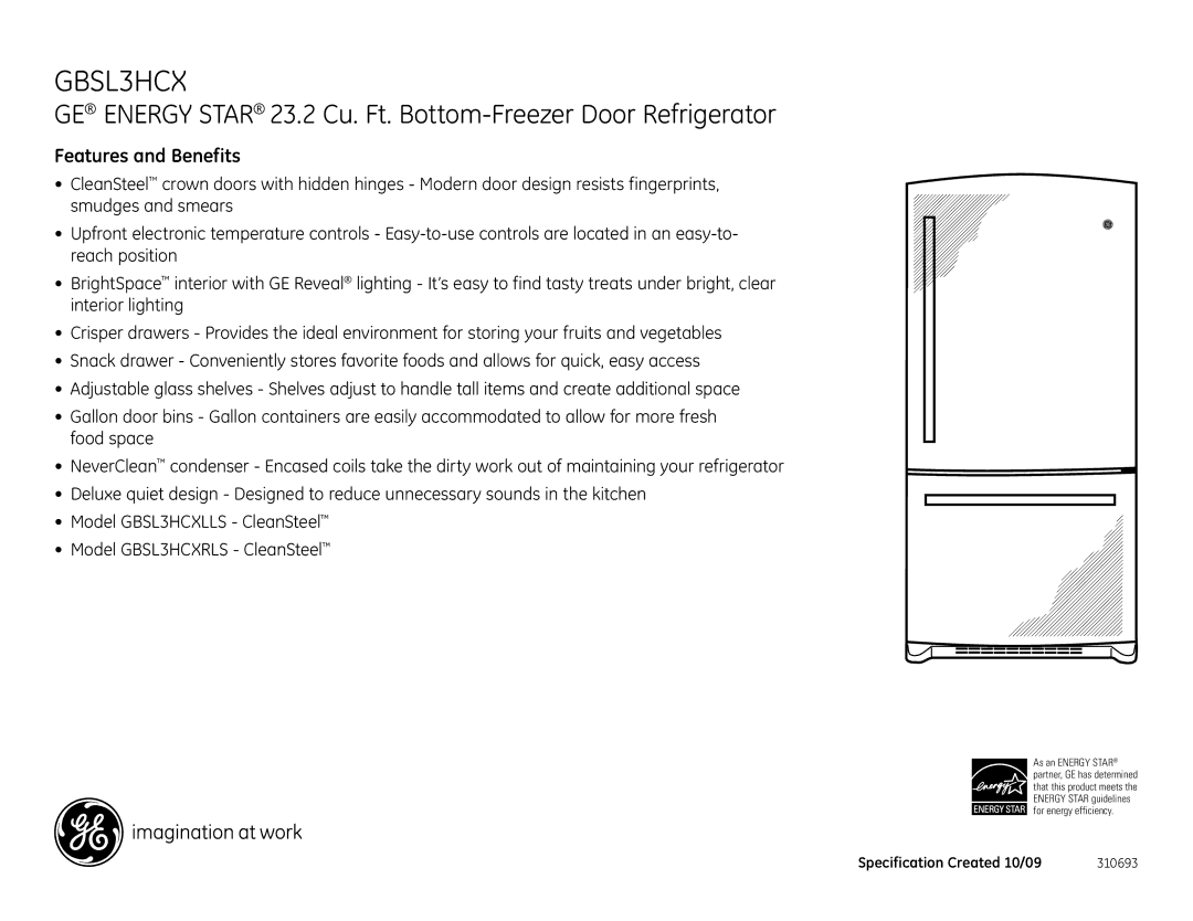 GE GBSL3HCXLLS, GBSL3HCXRLS dimensions Features and Benefits 