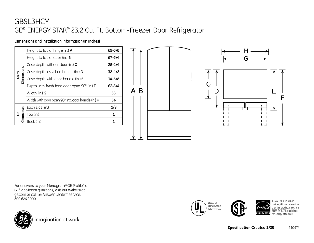 GE GBSL3HCYLLS, GBSL3HCYRLS dimensions Each side Back Top, Specification Created 3/09, Listed by, Laboratories 