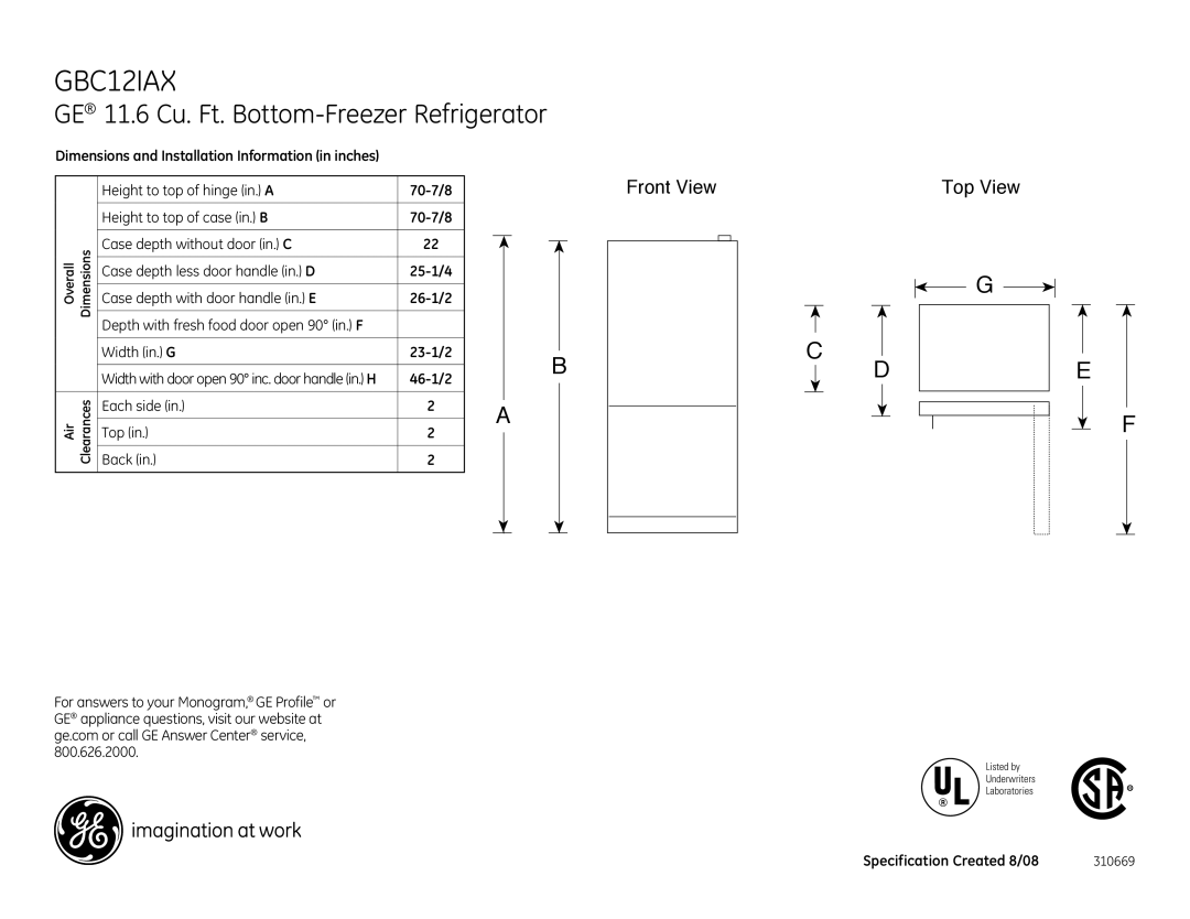 GE GBC12IAXLSS, GBV12IAX, GBC12IAXRSS dimensions GE 11.6 Cu. Ft. Bottom-Freezer Refrigerator, Front View 