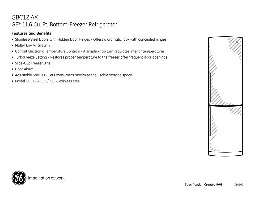 GE GBC12IAXRSS, GBV12IAX, GBC12IAXLSS dimensions Features and Benefits 