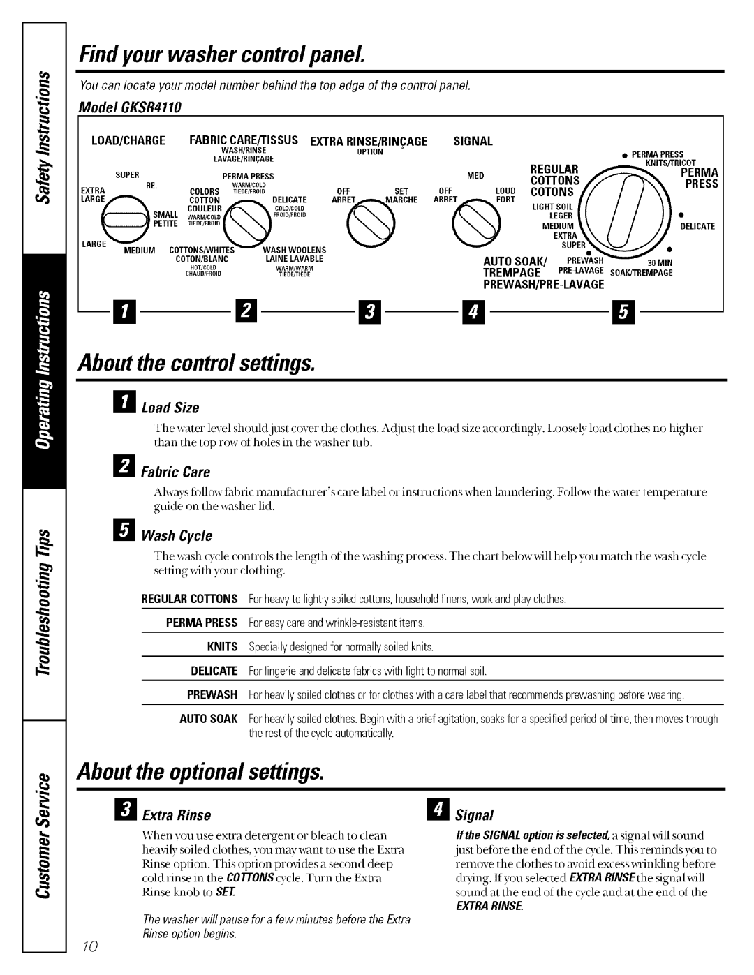 GE GBXR1070, GBXR2060, GCXR2080, GUSR2100 About the optional settings, Model GKSR4110, FzFabric Care, Extra Rinse Signal 