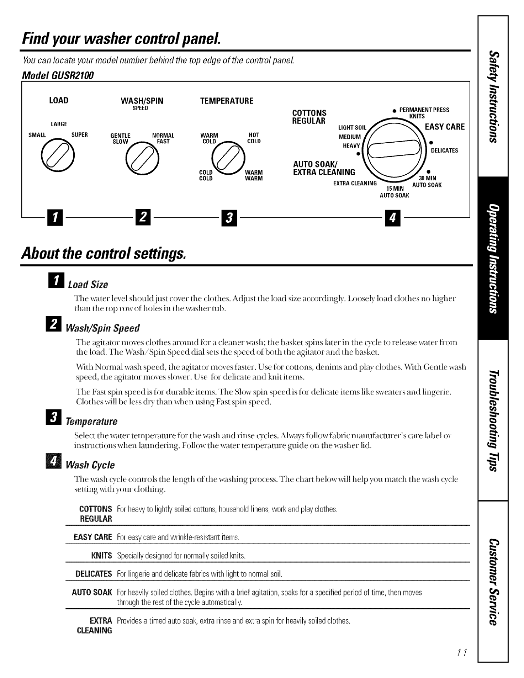 GE 175D1807P283, GBXR2060, GCXR2080, GNSR3100 Find your washer controlpanel, Model GUSR2100, El Wash/Spin Speed, Temperature 