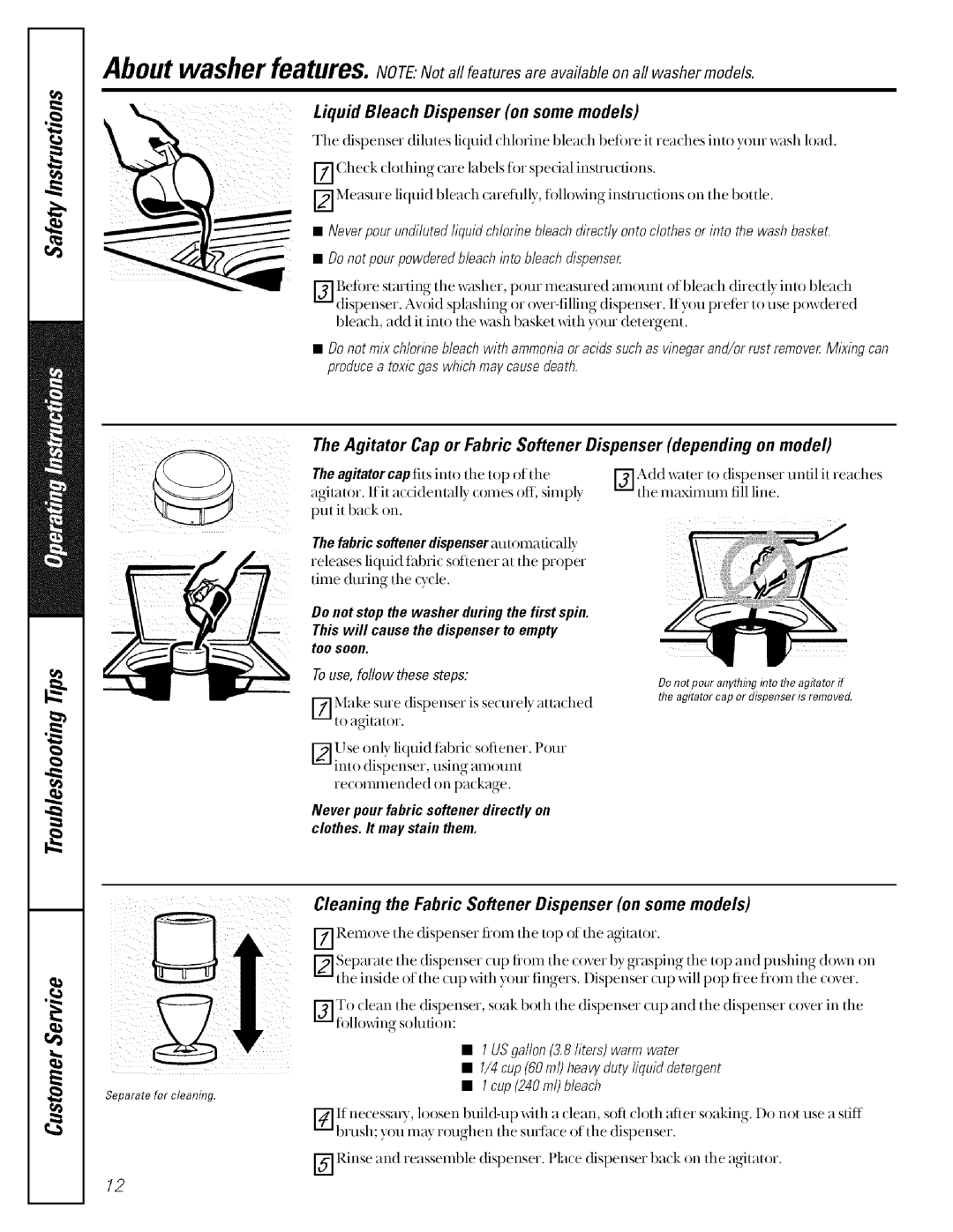 GE GBSR1070, GBXR2060 manual Liquid Bleach Dispenser on some models, Cleaning the Fabric Softener Dispenser on some models 