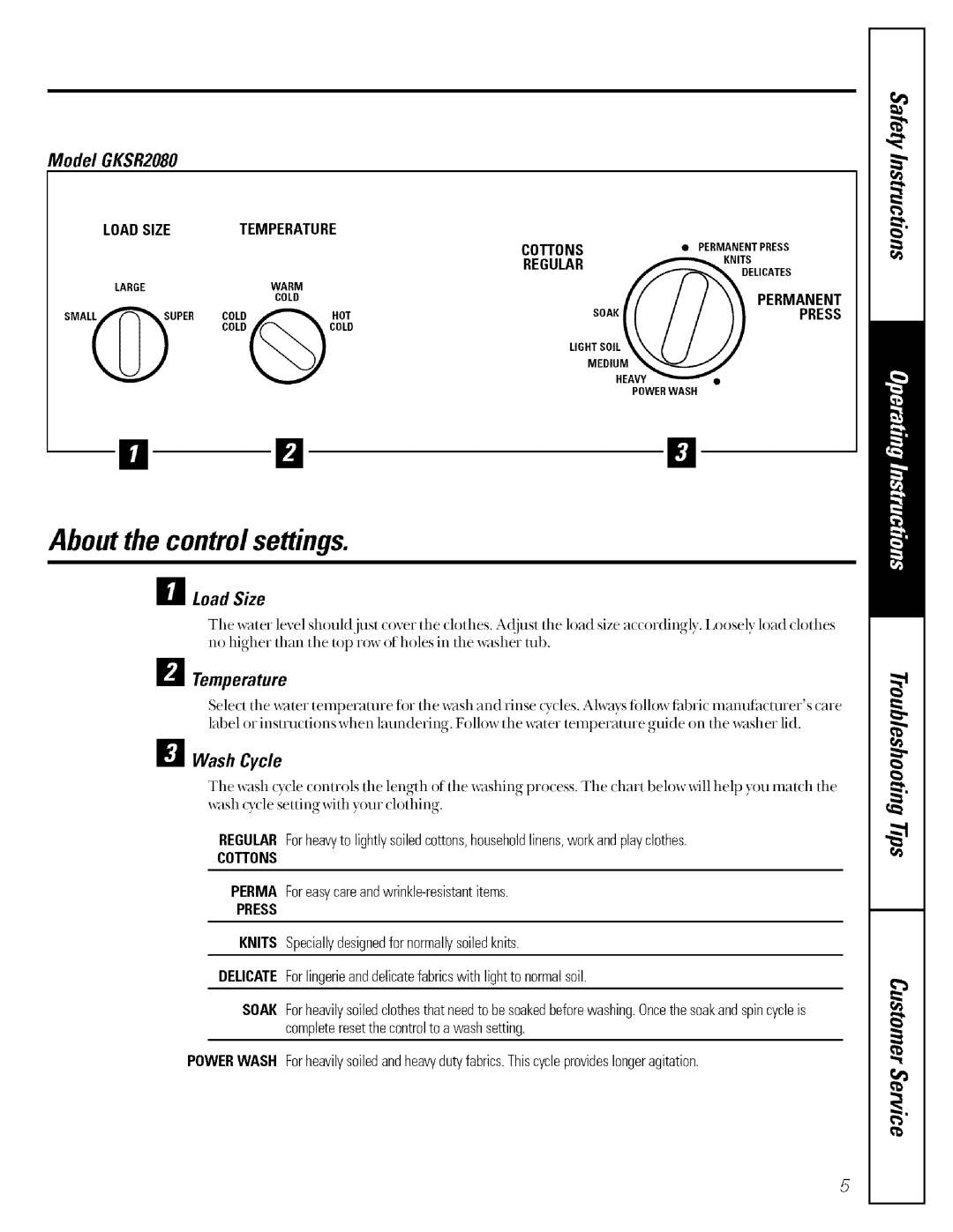 GE GKSR4110, GBXR2060, GCXR2080, GUSR2100 About the control settings, Model GKSR2080, Load Size, Temperature, Ig Wash Cycle 