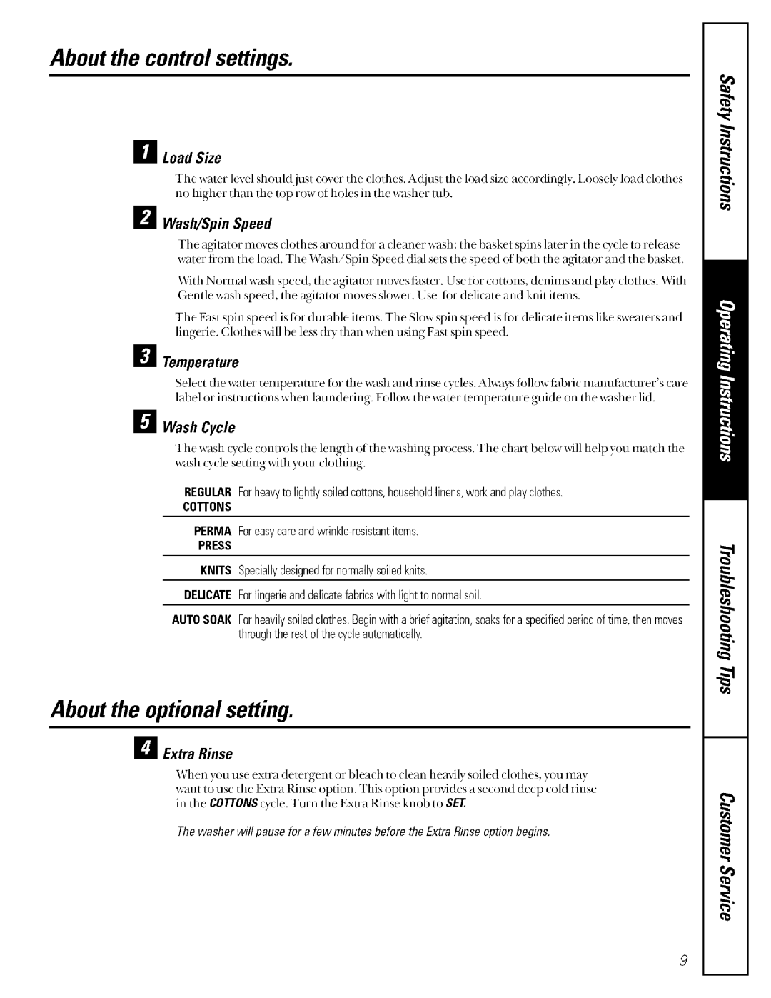 GE GJSR2080, GBXR2060, GCXR2080, GUSR2100, GNSR3100, GKSR2080, GKSR4110, GNSR2090 manual About the optional setting, Extra Rinse 