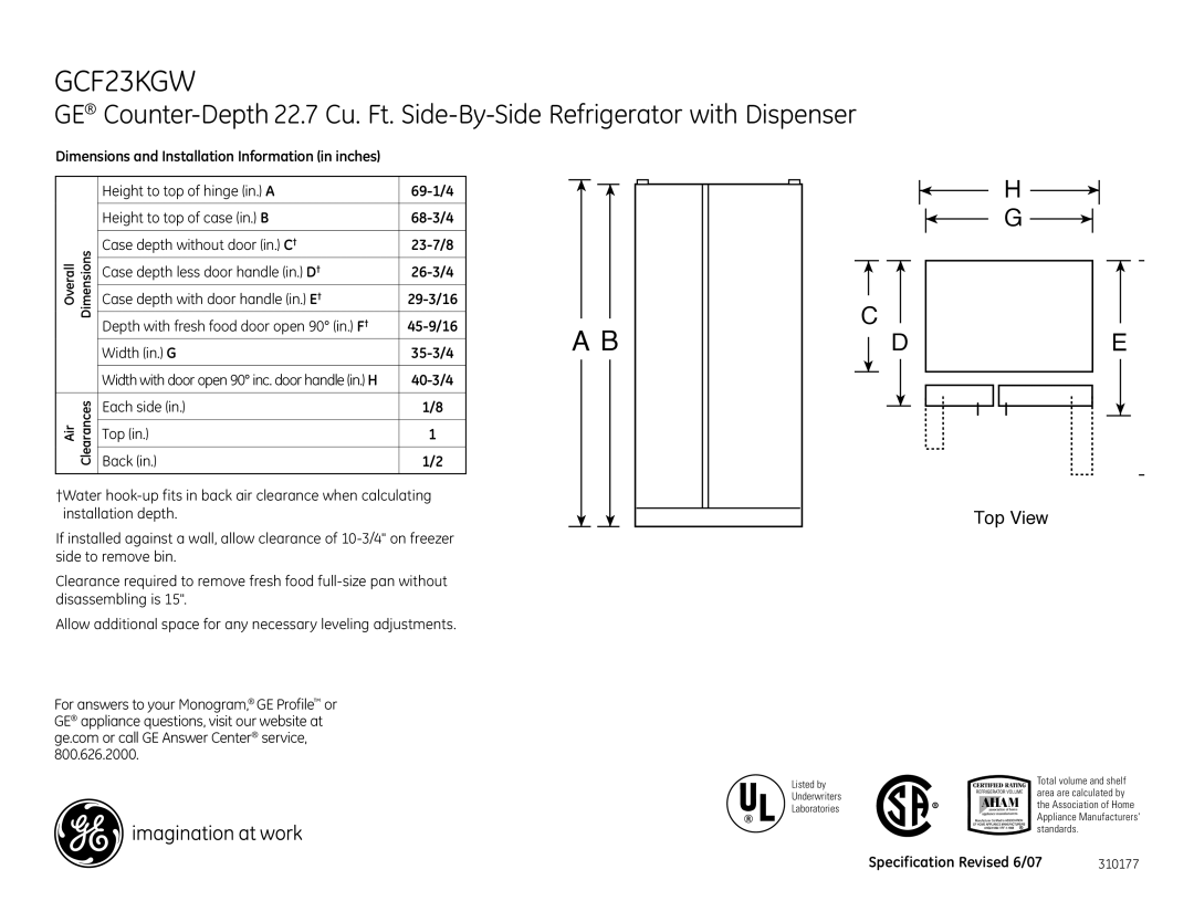 GE dimensions GCF23KGW, Top View, 40-3/4, Each side Top Back, Specification Revised 6/07 