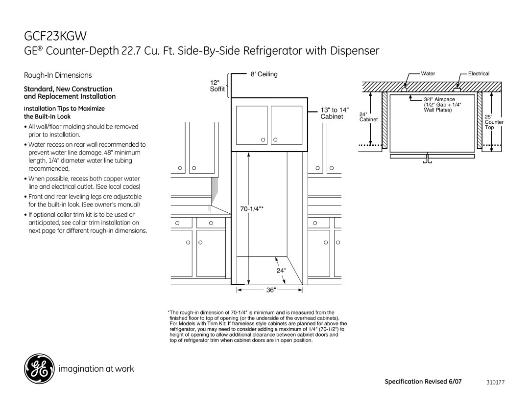 GE GCF23KGW dimensions Rough-In Dimensions, Standard, New Construction and Replacement Installation 