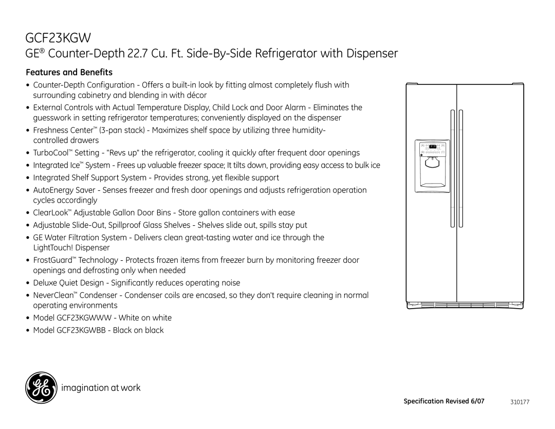 GE GCF23KGW dimensions Features and Benefits 