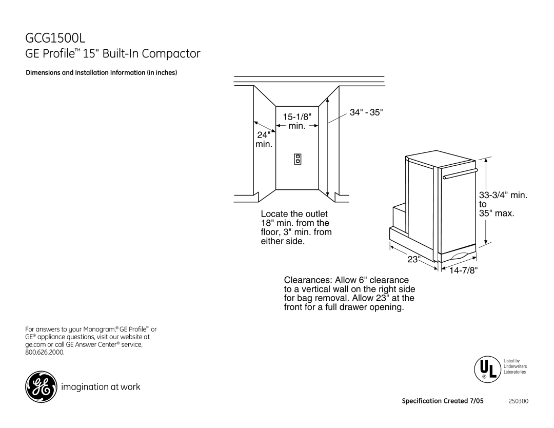 GE GCG1500L dimensions GE Profile 15 Built-In Compactor 