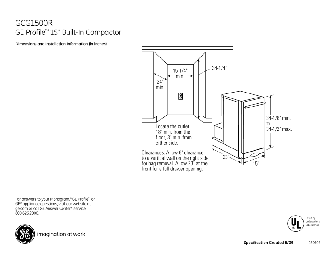 GE GCG1500LBB dimensions GCG1500R, GE Profile 15 Built-In Compactor, 15-1/4 Min, 34-1/4 34-1/8 min. to 34-1/2 max 