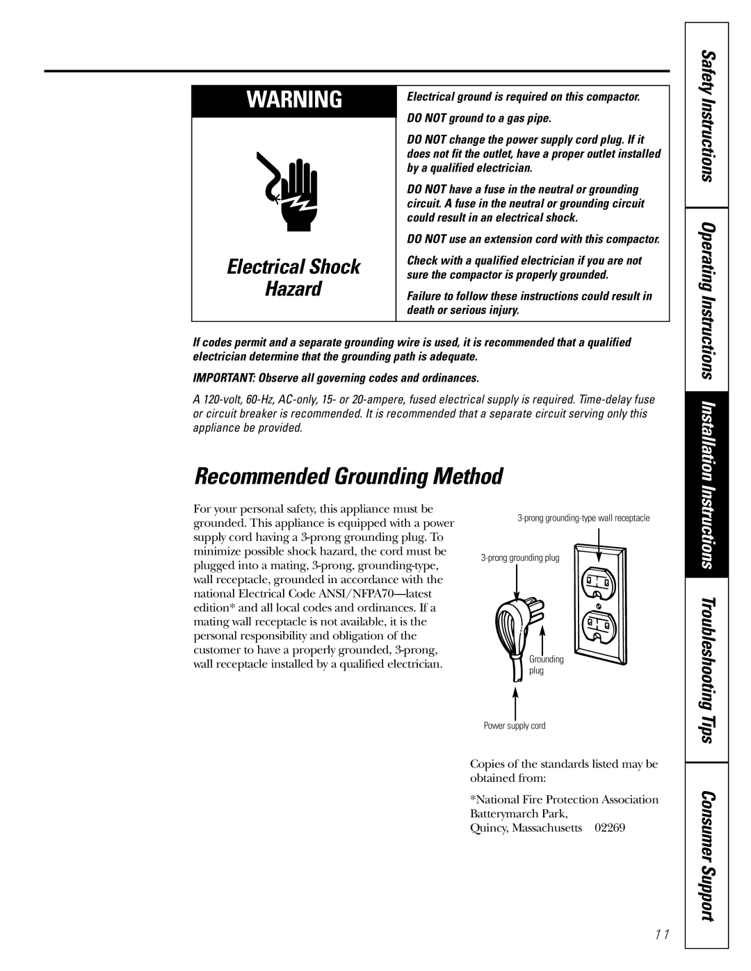 GE GCG1520 owner manual Recommended Grounding Method, Do not use an extension cord with this compactor 