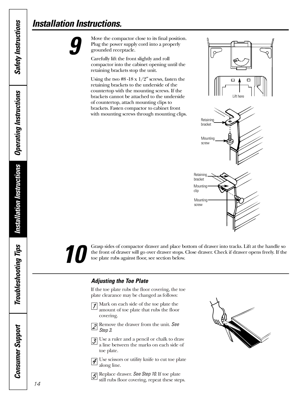 GE GCG1520 owner manual Adjusting the Toe Plate 