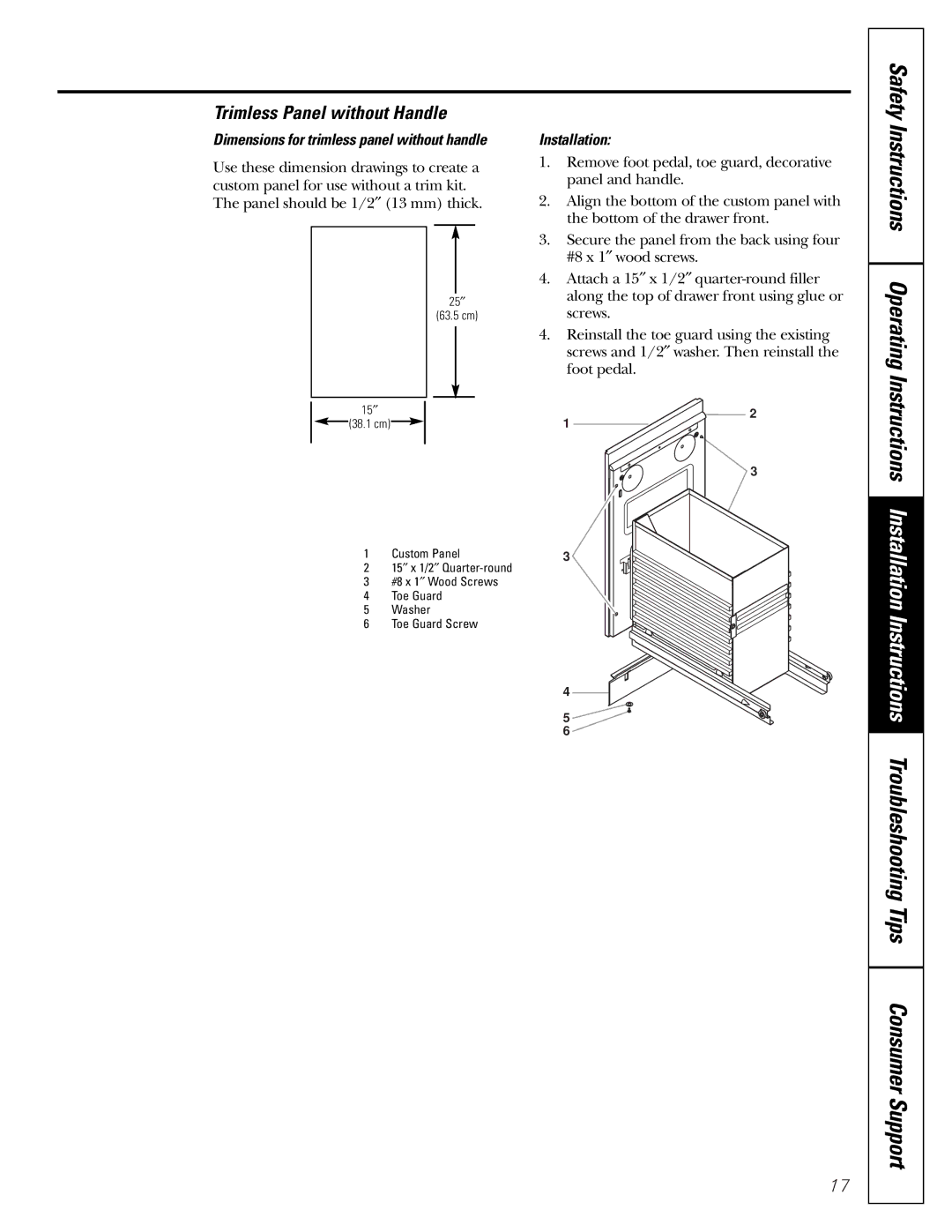 GE GCG1520 owner manual Trimless Panel without Handle, Dimensions for trimless panel without handle 