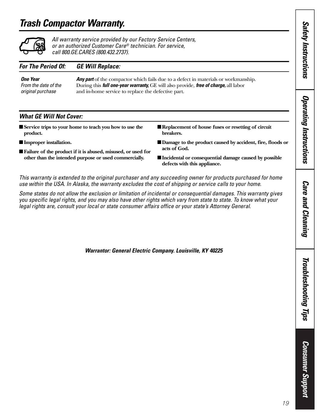 GE GCG1520 owner manual Trash Compactor Warranty, Instructions, Care and Cleaning Troubleshooting Tips Consumer Support 