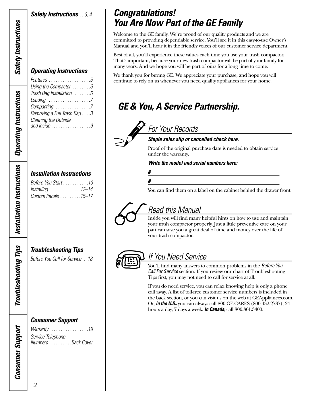 GE GCG1520 owner manual Congratulations You Are Now Part of the GE Family, GE & You, a Service Partnership 