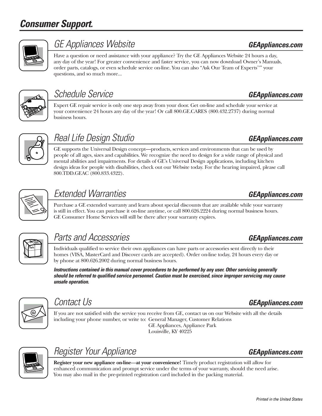 GE GCG1520 Consumer Support GE Appliances Website, Schedule Service, Real Life Design Studio, Extended Warranties 