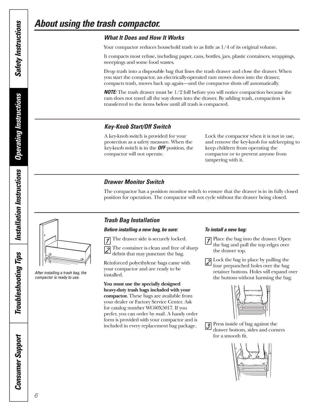 GE GCG1520 owner manual About using the trash compactor, Instructions Operating Instructions Safety Instructions 