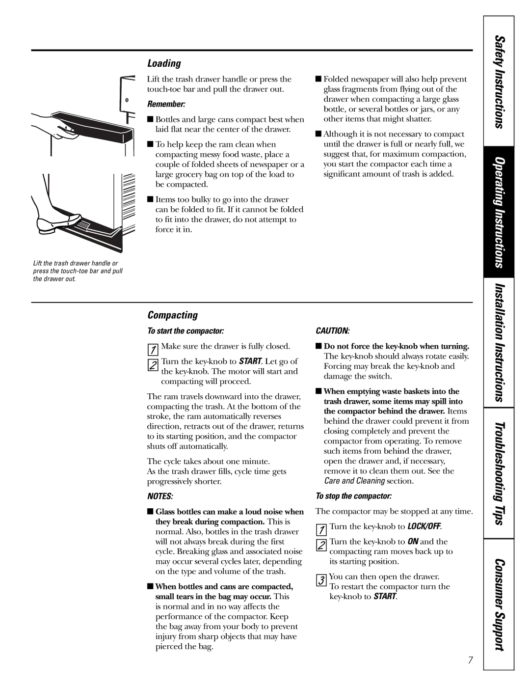 GE GCG1520 owner manual Loading, Compacting, Remember, To start the compactor, To stop the compactor 