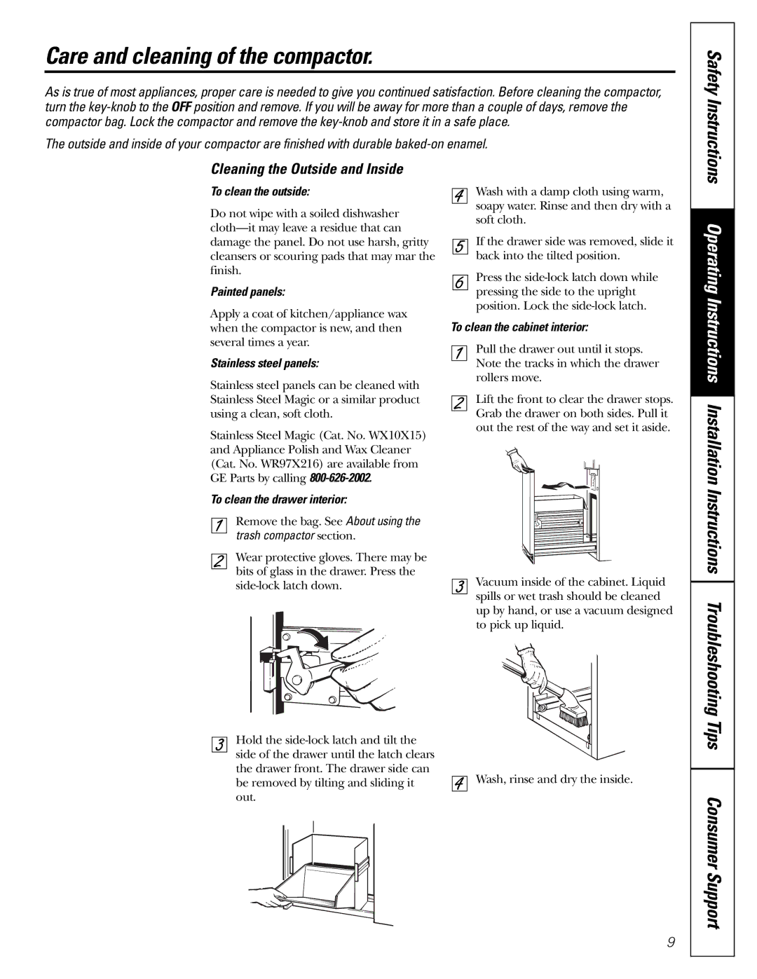 GE GCG1520 owner manual Care and cleaning of the compactor, Cleaning the Outside and Inside 