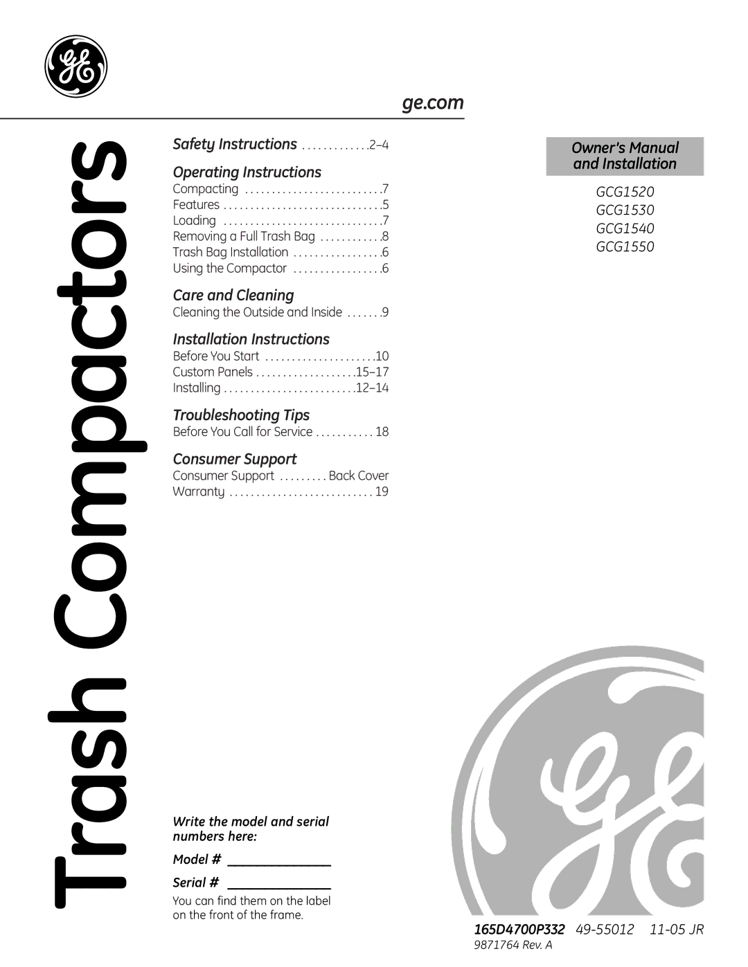 GE GCG1520 operating instructions Trash Compactors, Model # Serial # 