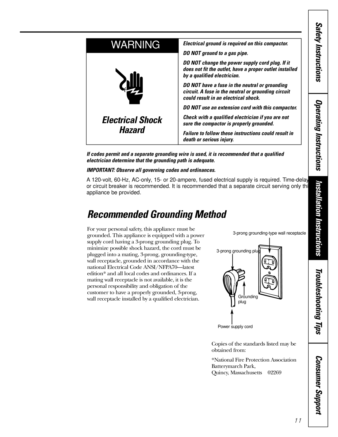 GE GCG1520 operating instructions Recommended Grounding Method, Do not use an extension cord with this compactor 