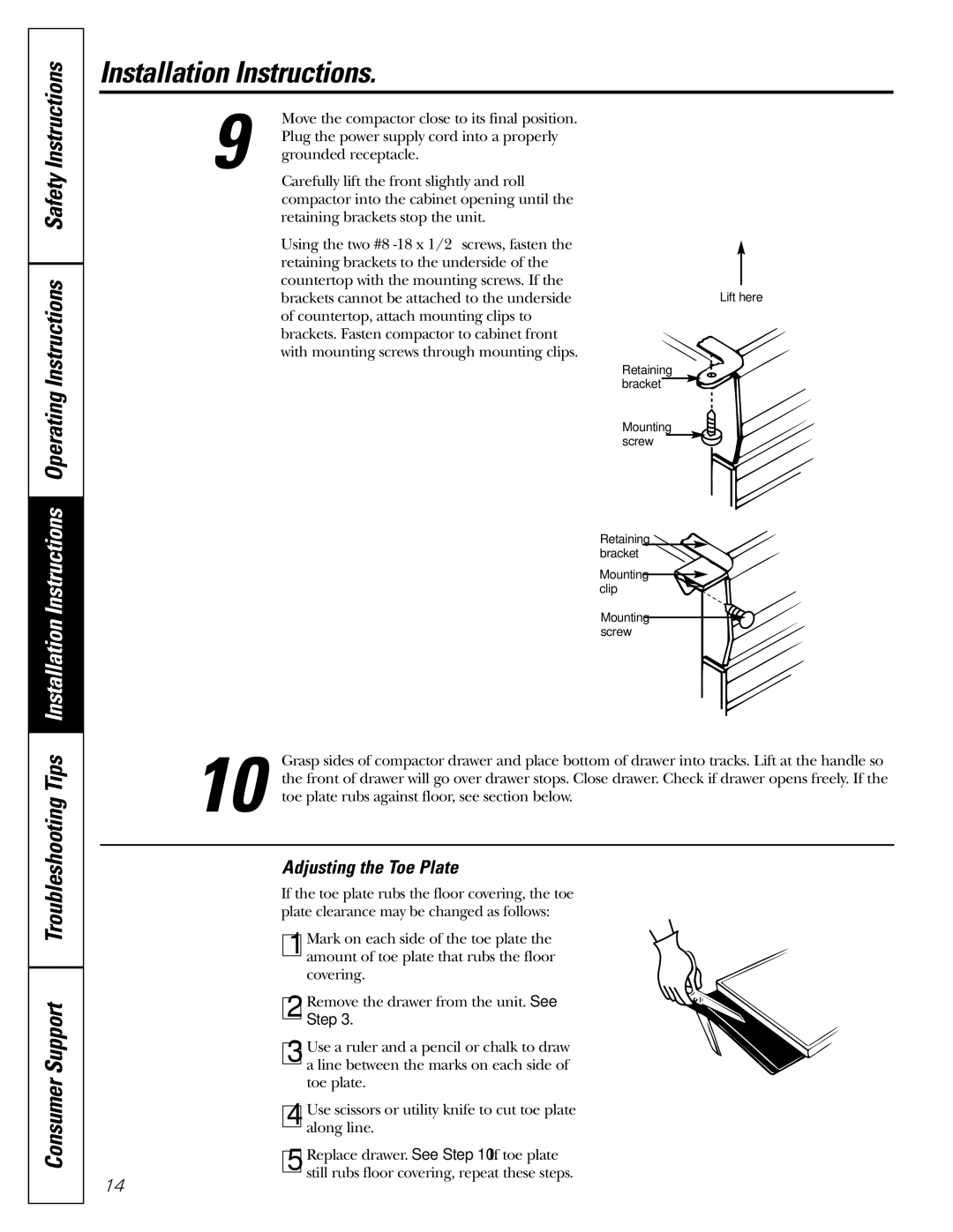 GE GCG1520 operating instructions Adjusting the Toe Plate 