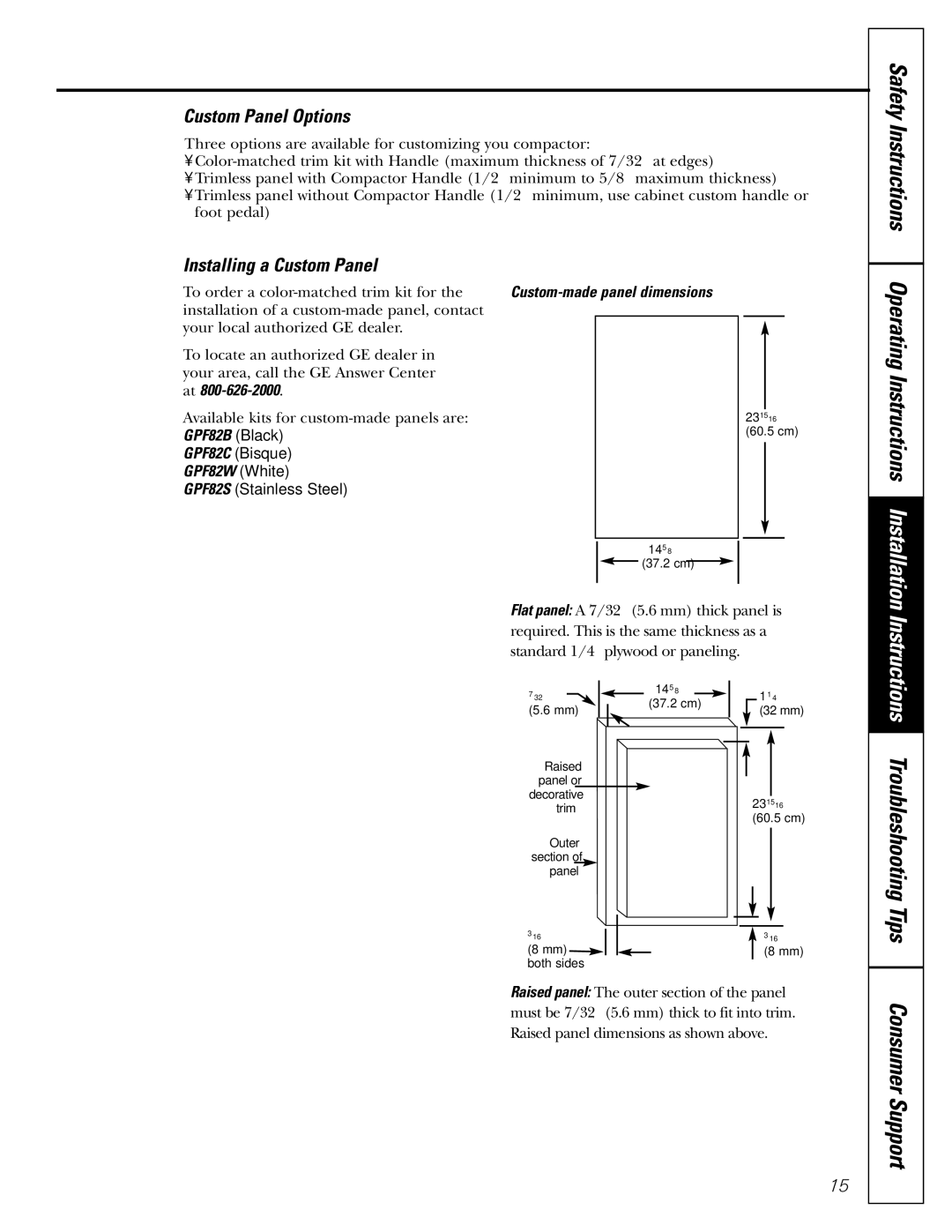 GE GCG1520 Operating Instructions, Custom Panel Options, Installing a Custom Panel, GPF82B Black, GPF82W White 