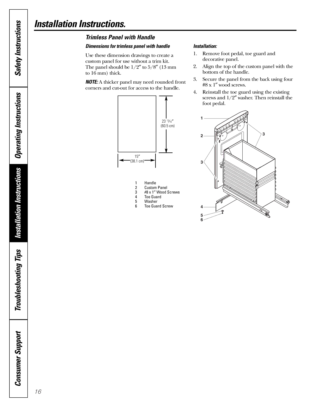 GE GCG1520 operating instructions Trimless Panel with Handle, Dimensions for trimless panel with handle, Installation 