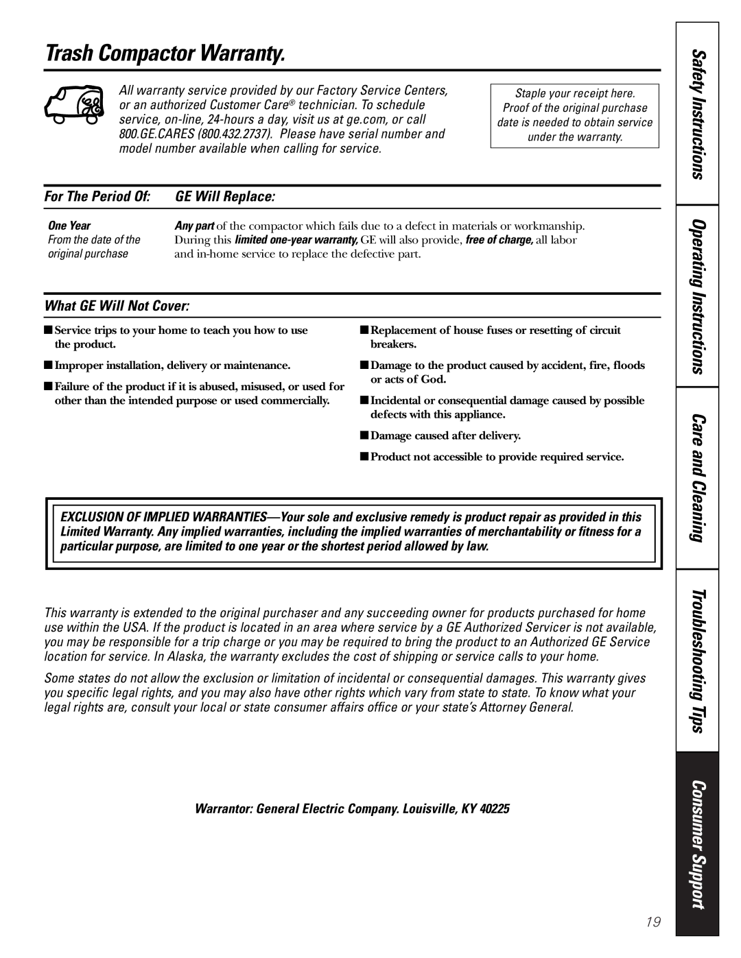 GE GCG1520 Trash Compactor Warranty, Troubleshooting Tips Consumer Support, For The Period GE Will Replace, One Year 