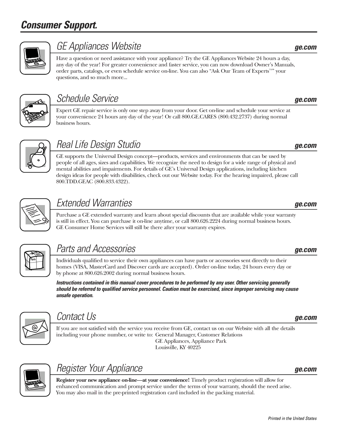 GE GCG1520 Consumer Support GE Appliances Website, Schedule Service, Real Life Design Studio, Extended Warranties 