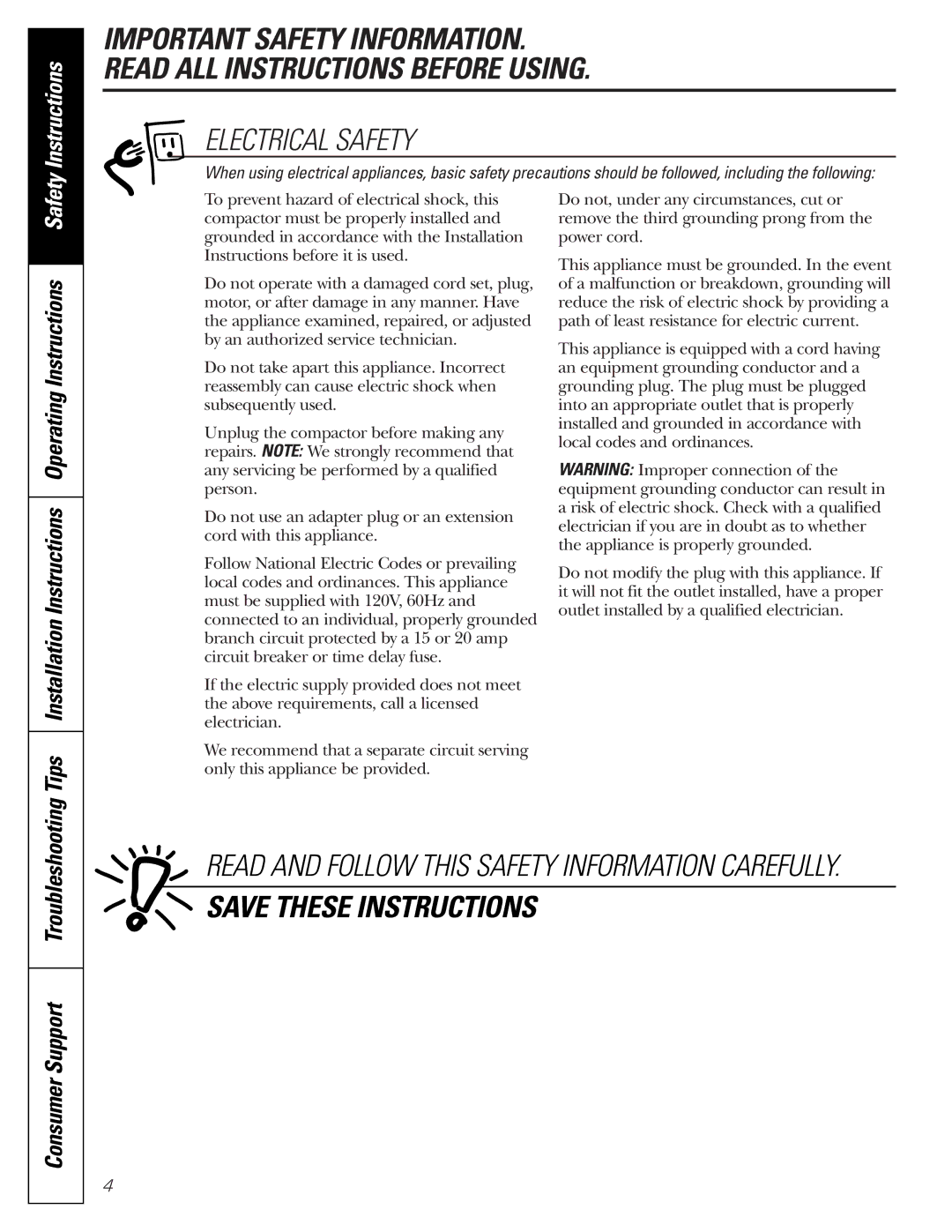 GE GCG1520 operating instructions Electrical Safety 