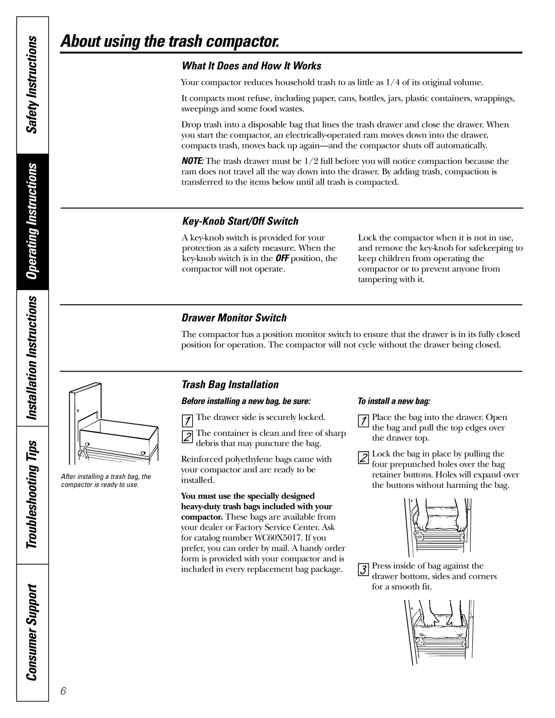 GE GCG1520 operating instructions About using the trash compactor, Instructions Operating Instructions Safety Instructions 