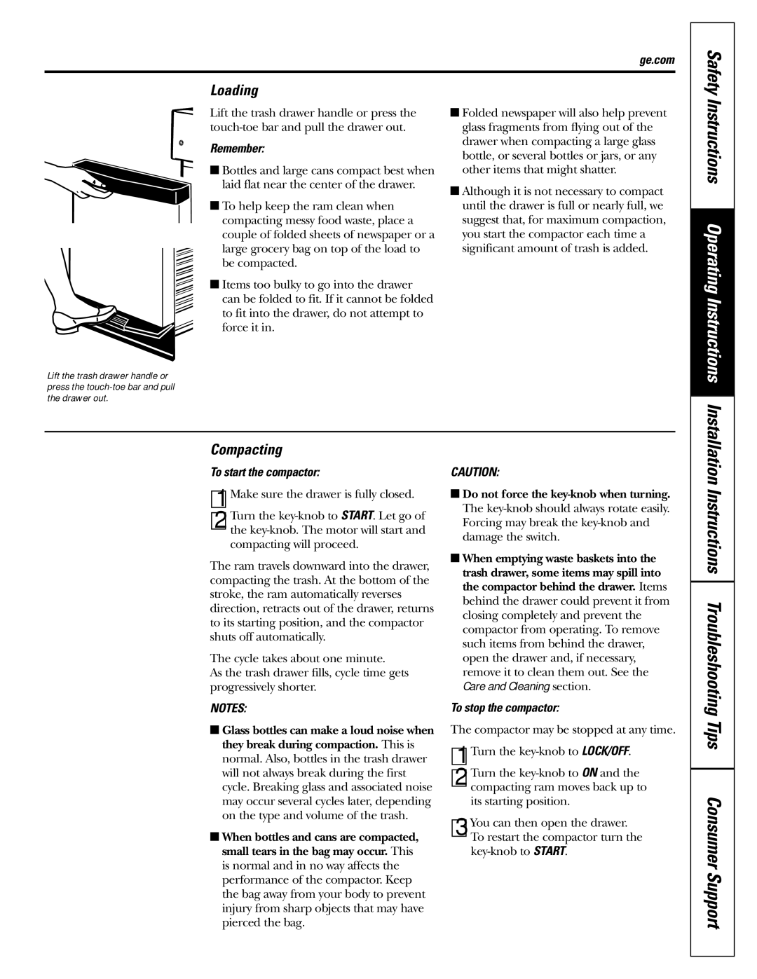 GE GCG1520 operating instructions Safety, Loading, Compacting 