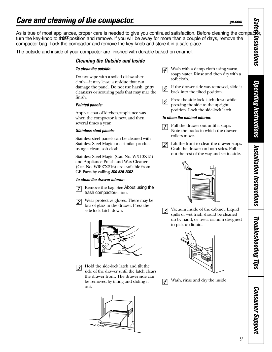 GE GCG1520 operating instructions Care and cleaning of the compactor, Cleaning the Outside and Inside 