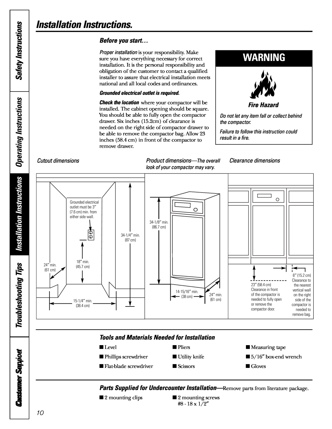 GE GCG1520 Installation Instructions, ConsumerSupportustoervice, Before you start…, Fire Hazard, Cutout dimensions 