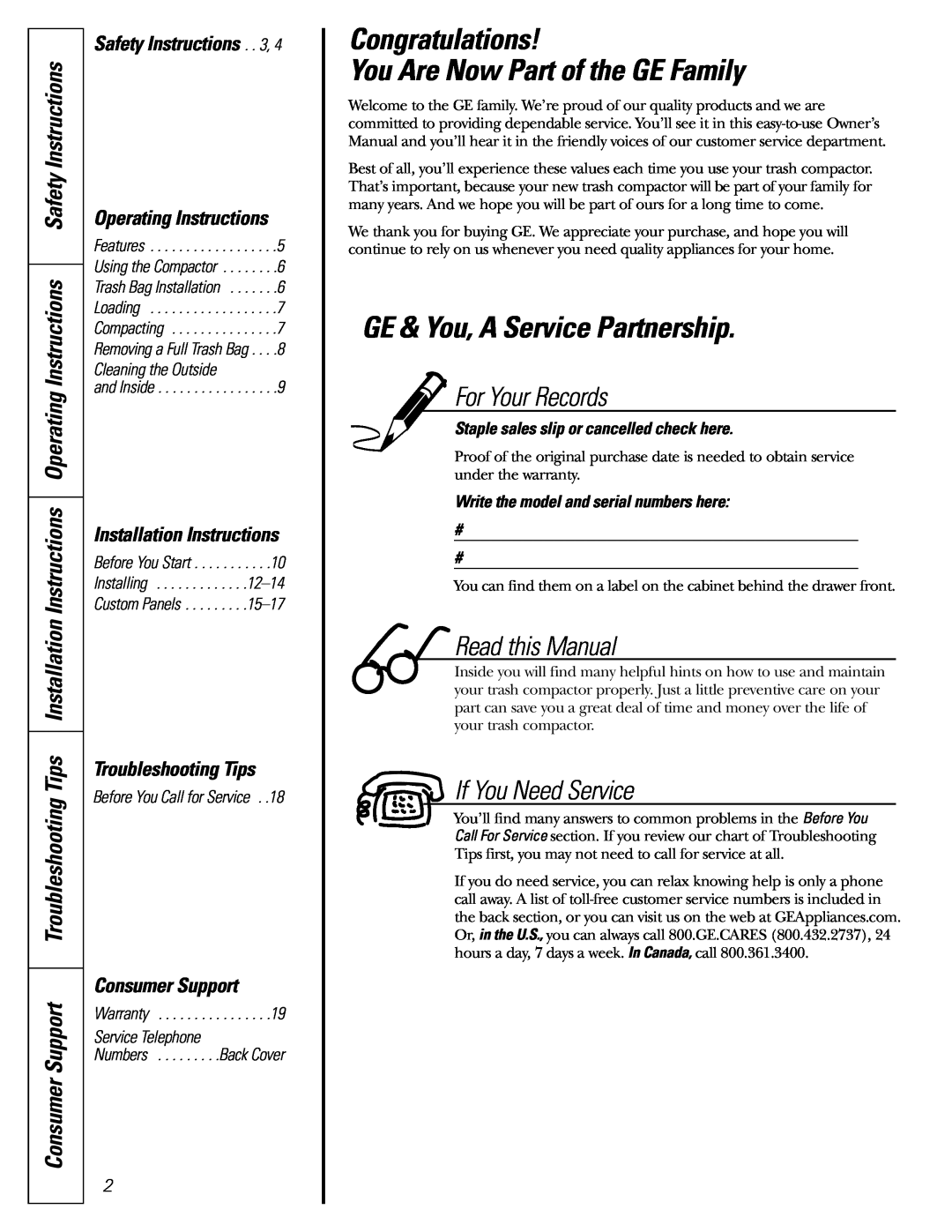 GE GCG1520 Congratulations You Are Now Part of the GE Family, GE & You, A Service Partnership, Installation Instructions 