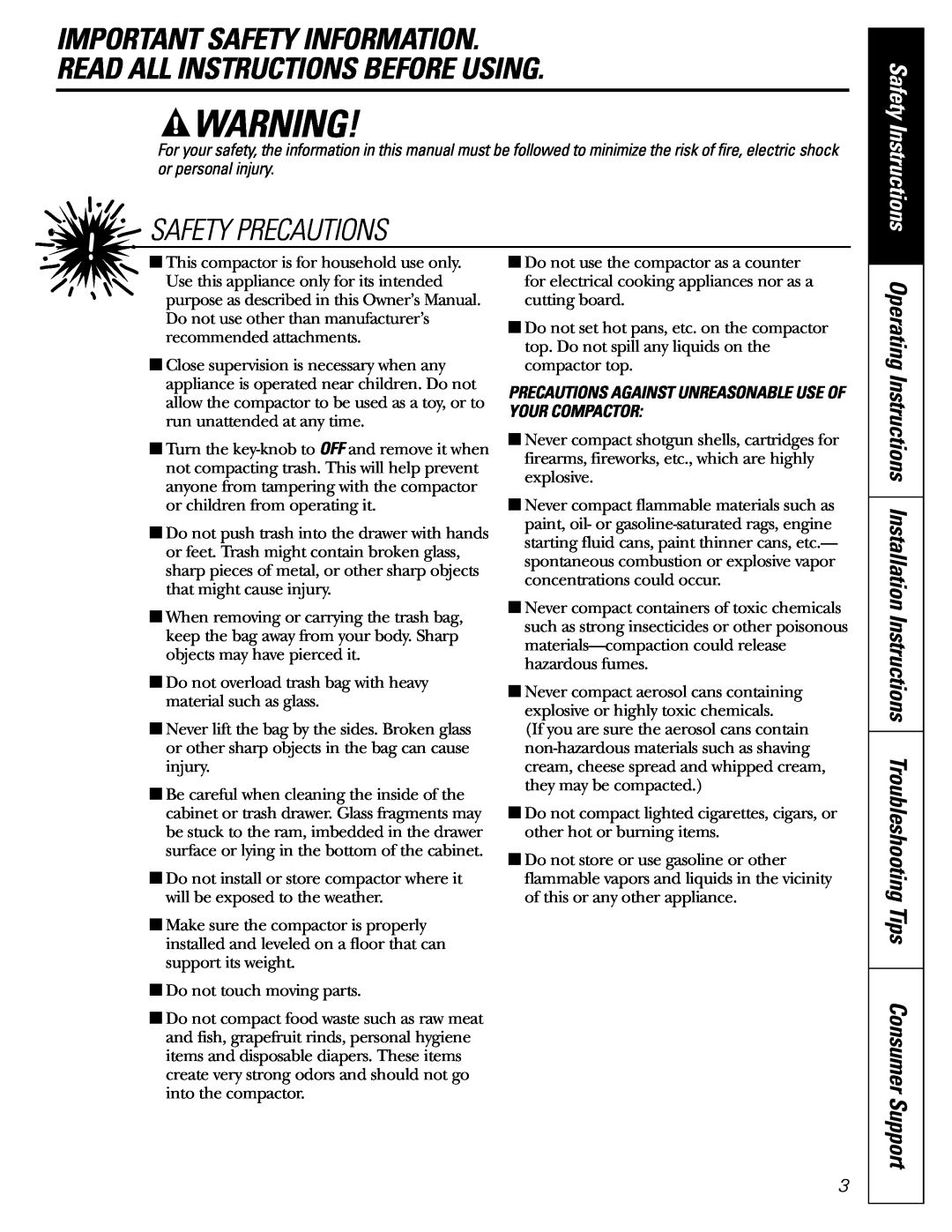 GE GCG1520 Important Safety Information Read All Instructions Before Using, Safety Precautions, Safety Instructions 